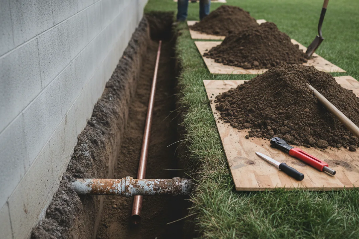 Excavated water line trench during Water Softener Installation in Ethelsville